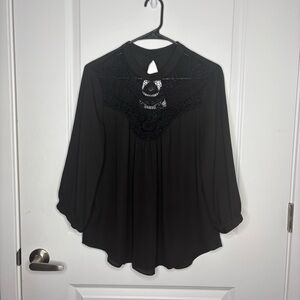 by & by Black Relaxed Cut Out Blouse with Mandarin Collar